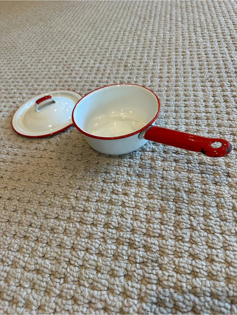 Vintage Enamel Saucepan with Lid - White and Red